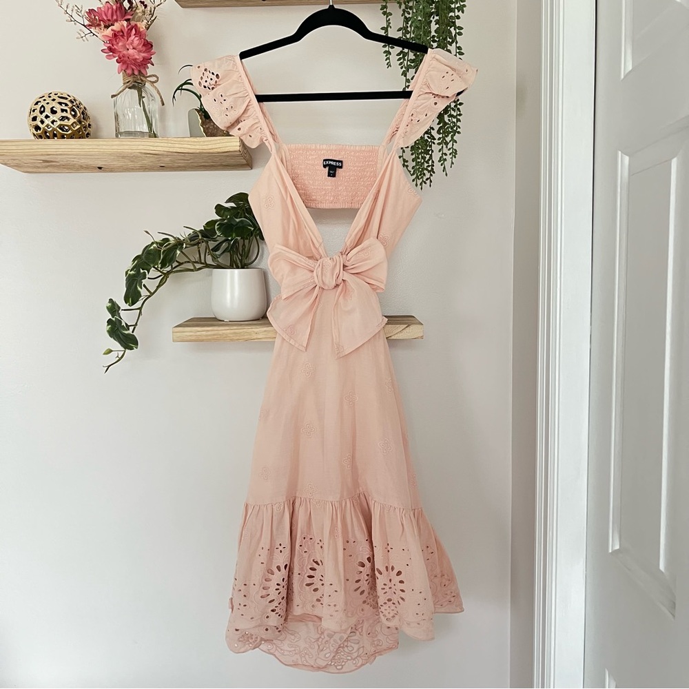 Express Embroidered Cotton Ruffle Mini Dress - Picture 2 of 8